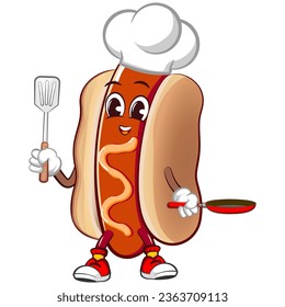 Cute happy hot dog mascot chef carrying spatula and frying pan. Isolated vector flat cartoon character illustration design