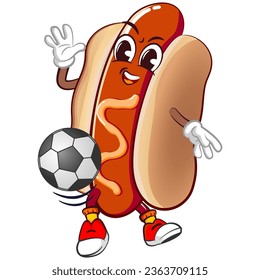 cute happy hot dog mascot playing soccer. Isolated vector flat cartoon character illustration design