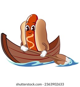cute happy hot dog mascot paddling wooden cano. Isolated vector flat cartoon character illustration design