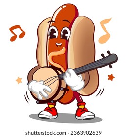 cute happy hot dog mascot playing banjo musical instrument. Isolated vector flat cartoon character illustration design