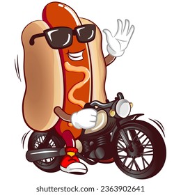 linda y feliz mascota de hot dog montando una gran moto con gafas de sol mientras saludaba. Diseño de ilustraciones de caricaturas planas vectoriales aisladas