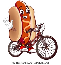 cute happy hot dog mascot cycling while waving. Isolated vector flat cartoon character illustration design