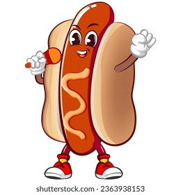 cute happy hot dog mascot talking by using mic with enthusiasm. Isolated vector flat cartoon character illustration design