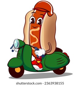 cute happy hot dog mascot riding a green scooter wearing a helmet. Isolated vector flat cartoon character illustration design