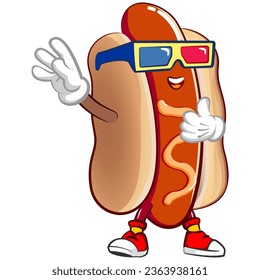 cute happy hot dog mascot wearing 3 dimensional glasses to see a movie with thumbs up. Isolated vector flat cartoon character illustration design