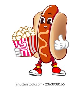 cute happy hot dog mascot brings popcorn while giving thumbs up. Isolated vector flat cartoon character illustration design