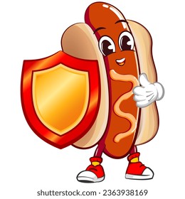 cute happy hot dog mascot wearing strong shield while giving thumbs up. Isolated vector flat cartoon character illustration design