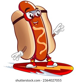 Cute happy hot dog mascot surfing with surfboard and wearing riding glasses. Isolated vector flat cartoon character illustration design