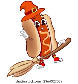 cute happy hot dog mascot witch in hat flying riding broom. Isolated vector flat cartoon character illustration design