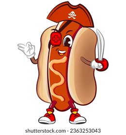 cute happy hot dog one eyed pirate mascot wearing a hat and carrying a machete, giving an okay sign. Isolated vector flat cartoon character illustration design