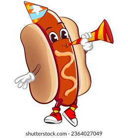 cute happy hot dog party mascot wearing hat and blowing party horn. Isolated vector flat cartoon character illustration design