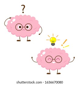 Cute happy human brain in glasses with lightbulb. Cartoon brain thinks over question. Humor character vector illustration. Find answer, creative idea, knowledge, learning