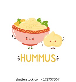 Cute happy hummus bowl and chickpea. Isolated on white background. Vector cartoon character illustration