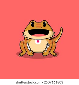 Cute happy and hungry bearded dragon wearing appron with love symbol on it while holding food utencil such as knife and fork