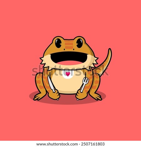Cute happy and hungry bearded dragon wearing appron with love symbol on it while holding food utencil such as knife and fork