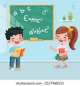 Cute and happy international students standing in front of blackboard in classroom. Poster, Banner, Flyer, Template, Greeting Card. Vector illustration in flat cartoon style