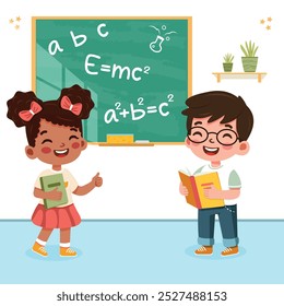 Cute and happy international students standing in front of blackboard in classroom. Poster, Banner, Flyer, Template, Greeting Card. Vector illustration in flat cartoon style