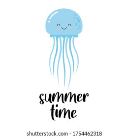 Cute happy jellyfish cartoon character sea animal vector illustration. Summer time card