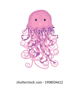 Cute happy jellyfish cartoon character sea animal. Summer time card