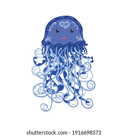 Cute happy jellyfish cartoon character sea animal. Summer time card