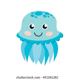 Cute happy jellyfish cartoon character sea animal vector illustration. Invertebrate animal sea fauna jellyfish medusa vector illustration. Nature animal aquatic medusa, aquarium tropical marine.