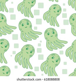 Cute happy jellyfish cartoon character seamless pattern sea animal vector illustration. Nature animal aquatic medusa, aquarium tropical marine.