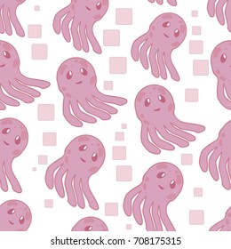Cute happy jellyfish cartoon character sea animal illustration. Invertebrate animal sea fauna jellyfish medusa illustration. Nature animal aquatic medusa, aquarium tropical marine.