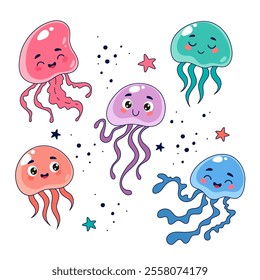 Cute happy jellyfish cartoon characters, sea animal vector illustration