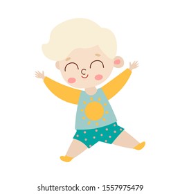 The cute happy jumping boy in blue shorts. Vector illustration in flat cartoon style.