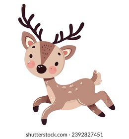 cute happy jumping reindeer cartoon character vector illustration. flat design.