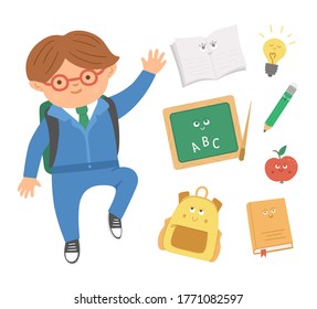 Cute happy jumping schoolboy with flat style kawaii classroom objects. Back to school vector set of smiling elements with pupil in uniform. Educational illustration for kids.
