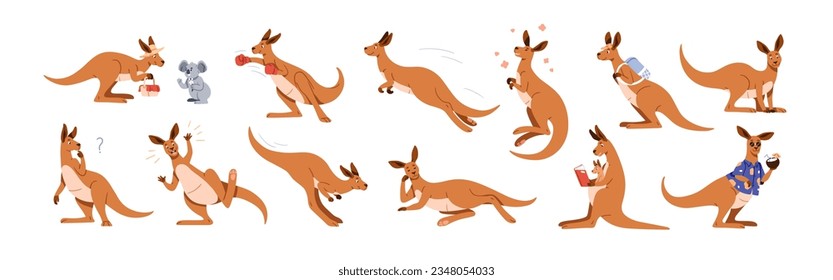 Cute happy kangaroo characters set. Funny comic marsupial animal from Australia. Australian mammal with joey in pouch, jumping, relaxing, smiling. Flat vector illustration isolated on white background