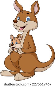 Cute happy kangaroos cartoon with baby joey