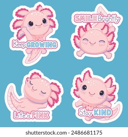 Cute happy kawaii axolotl illustration set with positive messages. Isolated vector designs suitable for stickers and T-shirts.