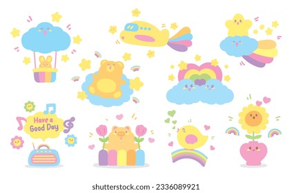 cute happy kawaii sweet pastel hand drawn cartoon vector set for decorating your artwork 