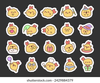 Cute happy kawaii tempura shrimp. Sticker Bookmark. Funny cartoon food character. Hand drawn style. Vector drawing. Collection of design elements.