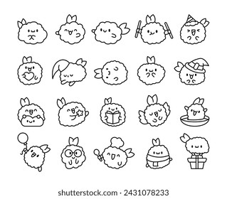 Cute happy kawaii tempura shrimp. Coloring Page. Funny cartoon food character. Hand drawn style. Vector drawing. Collection of design elements.
