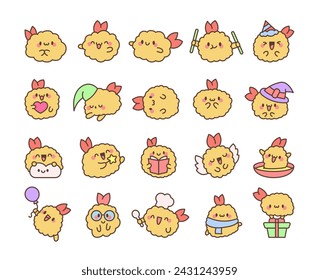 Cute happy kawaii tempura shrimp. Funny cartoon food character. Hand drawn style. Vector drawing. Collection of design elements.