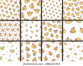 Cute happy kawaii tempura shrimp. Seamless pattern. Funny cartoon food character. Hand drawn style. Vector drawing. Collection of design ornaments.