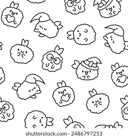 Cute happy kawaii tempura shrimp. Seamless pattern. Coloring Page. Funny cartoon food character. Hand drawn style. Vector drawing. Design ornaments.