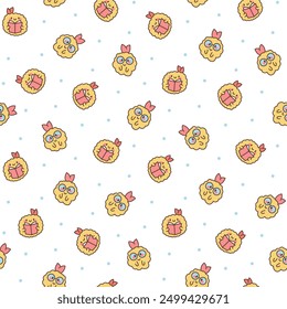 Cute happy kawaii tempura shrimp. Seamless pattern. Funny cartoon food character. Hand drawn style. Vector drawing. Design ornaments.