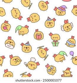 Cute happy kawaii tempura shrimp. Seamless pattern. Funny cartoon food character. Hand drawn style. Vector drawing. Design ornaments.