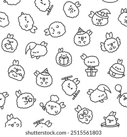 Cute happy kawaii tempura shrimp. Seamless pattern. Coloring Page. Funny cartoon food character. Hand drawn style. Vector drawing. Design ornaments.
