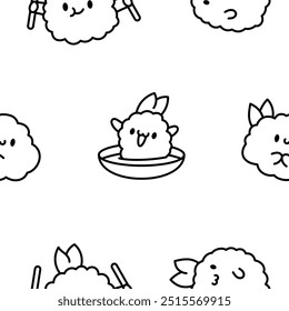 Cute happy kawaii tempura shrimp. Seamless pattern. Coloring Page. Funny cartoon food character. Hand drawn style. Vector drawing. Design ornaments.