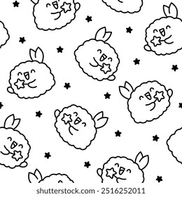 Cute happy kawaii tempura shrimp. Seamless pattern. Coloring Page. Funny cartoon food character. Hand drawn style. Vector drawing. Design ornaments.