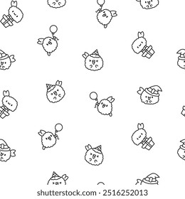 Cute happy kawaii tempura shrimp. Seamless pattern. Coloring Page. Funny cartoon food character. Hand drawn style. Vector drawing. Design ornaments.