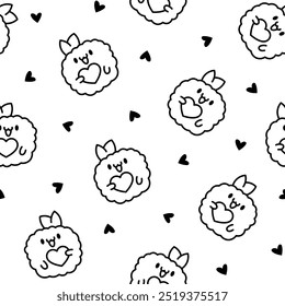 Cute happy kawaii tempura shrimp. Seamless pattern. Coloring Page. Funny cartoon food character. Hand drawn style. Vector drawing. Design ornaments.