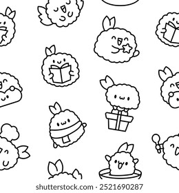 Cute happy kawaii tempura shrimp. Seamless pattern. Coloring Page. Funny cartoon food character. Hand drawn style. Vector drawing. Design ornaments.