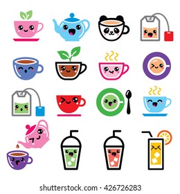 Cute happy Kawaii vector icons set - tea isolated on white 