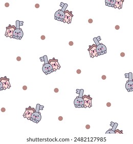 Cute happy key with different emotions. Seamless pattern. Funny cartoon character. Hand drawn style. Vector drawing. Design ornaments.